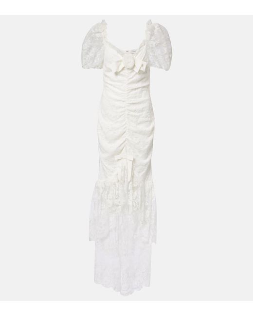 Alessandra Rich White Bow-Detail Ruched Lace Gown