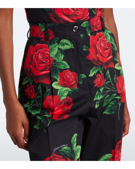Dolce & Gabbana Red Floral Cropped Cotton Straight Pants