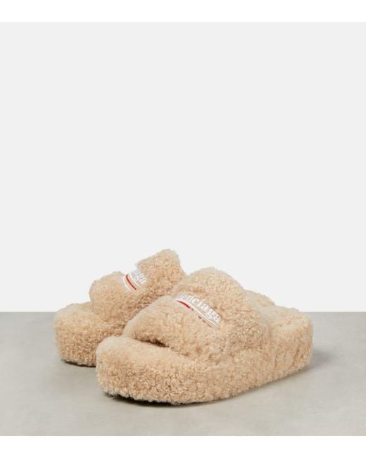 Balenciaga Natural Logo Faux Shearling Slides