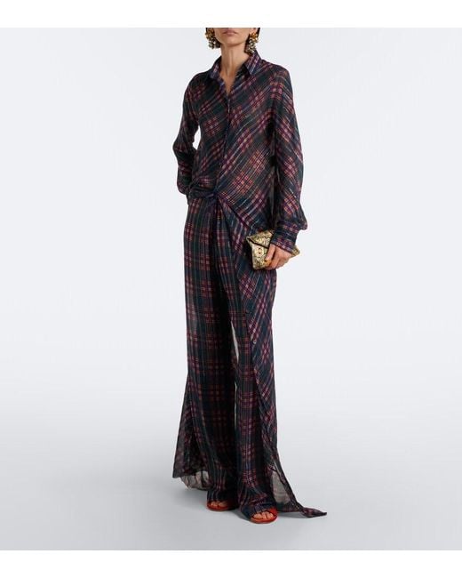 Dries Van Noten Blue Checked Lame Shirt Dress