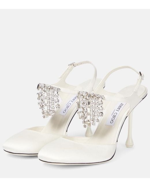 Jimmy Choo White Verity 95 Embellished Satin Pumps