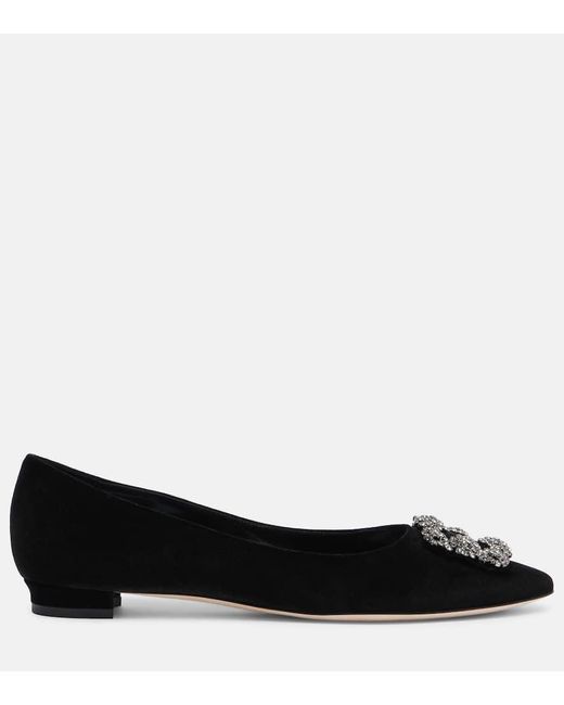 Manolo Blahnik Black Hangisi Embellished Velvet Ballet Flats