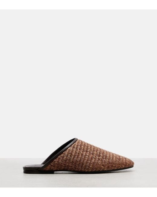 Brunello Cucinelli Brown Leather-Trimmed Raffia Mules