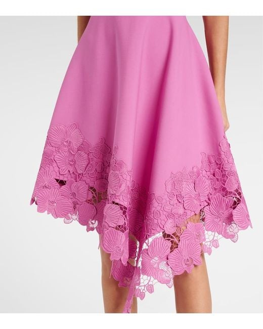 Oscar de la Renta Pink Floral Lace-Trimmed Midi Dress