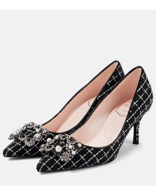 Roger Vivier Black Flower Strass 65 Leather-Trimmed Boucle Pumps