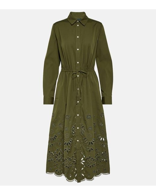 Polo Ralph Lauren Green Embroidered Drawstring-waist Cotton Midi Dress
