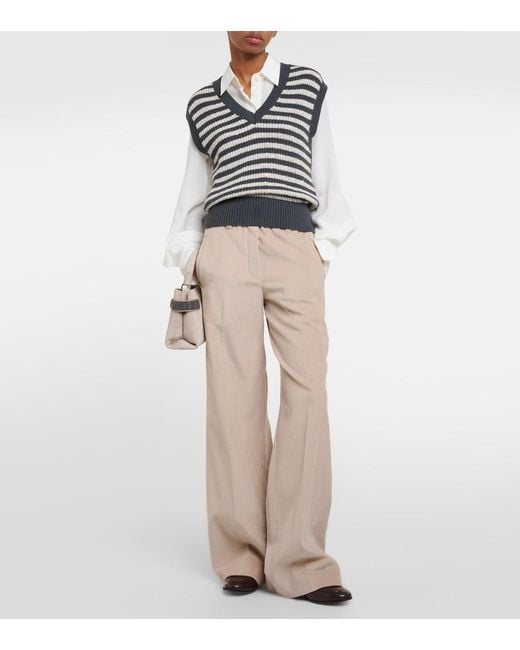 Brunello Cucinelli Natural Cotton Corduroy Wide-Leg Pants