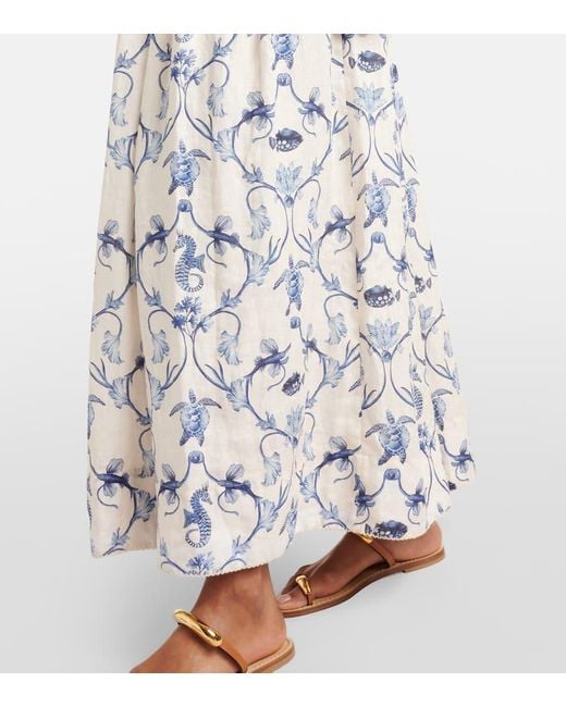 Agua Bendita White Printed High-Rise Linen Maxi Skirt