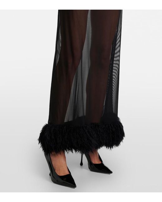 MARINE SERRE Gray Faux Feather-Trimmed Mesh Maxi Dress