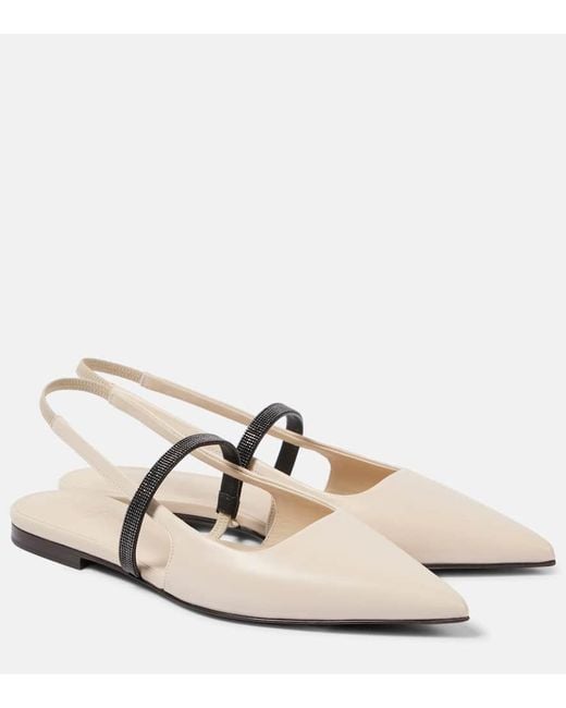 Brunello Cucinelli Natural Verzierte Slingback-Ballerinas Pointy Aus Leder