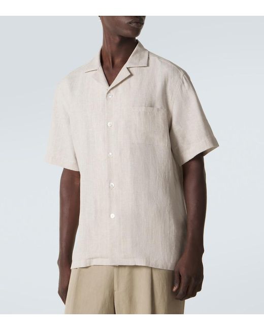 Fedeli Natural Striped Linen Bowling Shirt for men