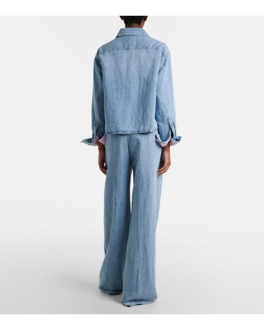 7 For All Mankind Blue Cotton And Linen Wide-Leg Jeans