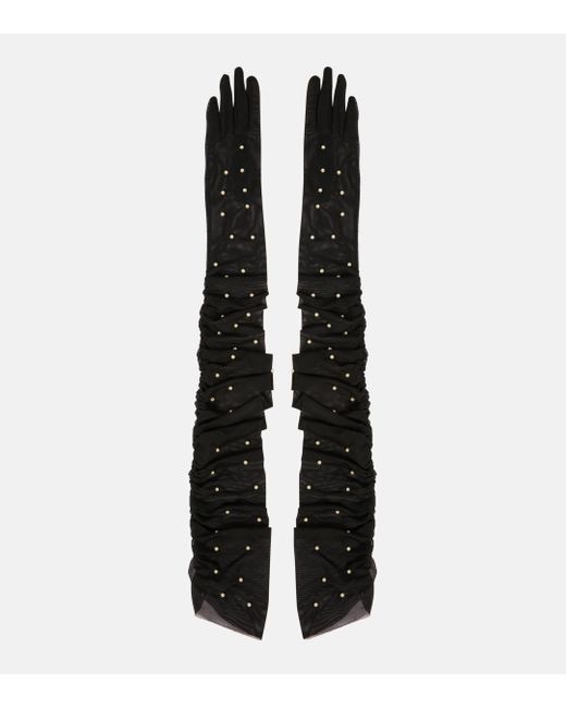 Jennifer Behr Black Leontyne Embellished Ruched Gloves