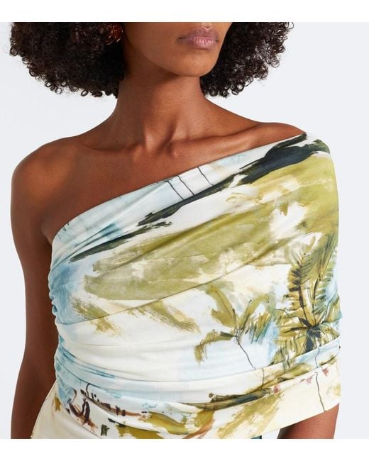 Oscar de la Renta Metallic Asymmetric Draped Printed Jersey Cocktail Gown