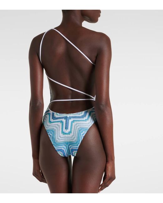 Missoni Blue Printed One-shoulder Swimsuit