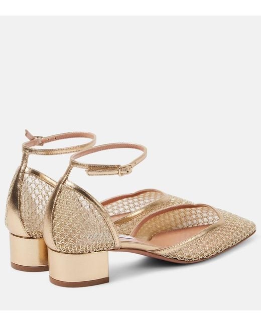 Aquazzura Natural Asha 35 Leather-Trimmed Mesh Pumps