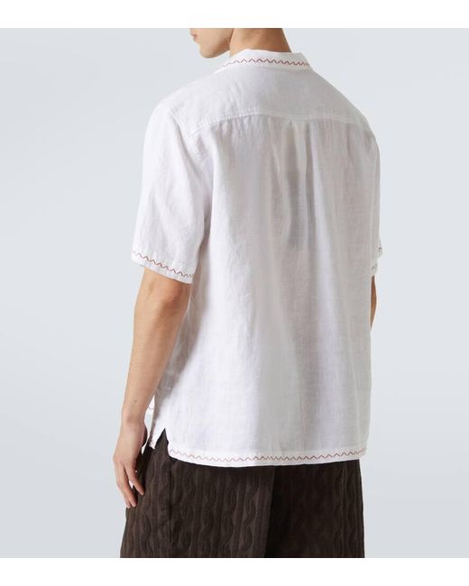 Frescobol Carioca White Flavio Embroidered Linen Bowling Shirt for men
