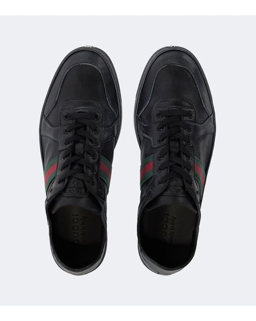 Gucci Black Stretch Web Stripe Leather Sneakers for men