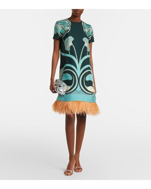 LaDoubleJ Green Swing Feather-Trimmed Floral Silk Twill Minidress