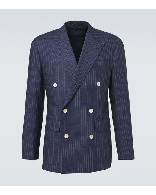 Dunhill Blue Pinstripe Double-Breasted Linen Blazer for men