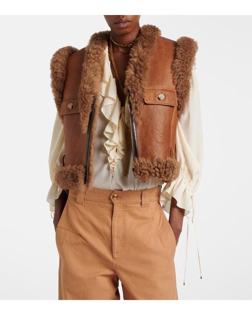 Chloé Brown Shearling-Trimmed Leather Vest