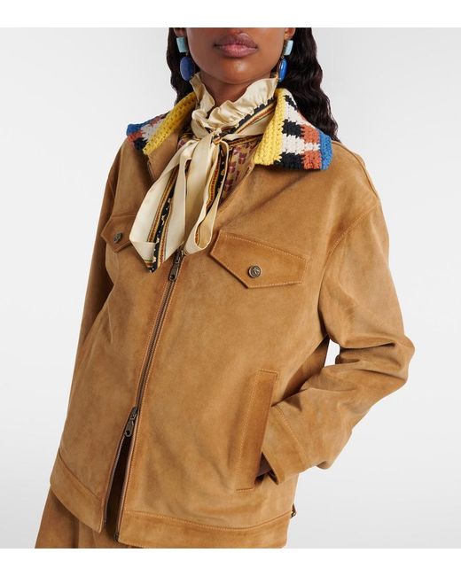 Etro Brown Crochet-Trimmed Suede Jacket