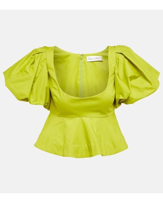 Oscar de la Renta Yellow Peplum Cotton Crop Top