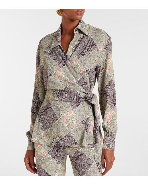 Etro Gray Patchwork-Print Wraparound-Style Shirt