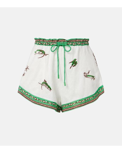 ALÉMAIS Green Wanda Embroidered Linen Shorts