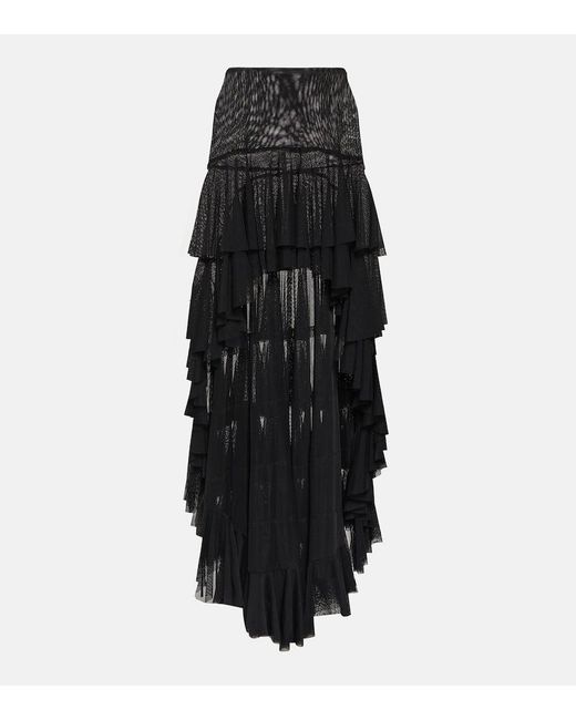 Norma Kamali Black Asymmetric Ruffled Mesh Skirt