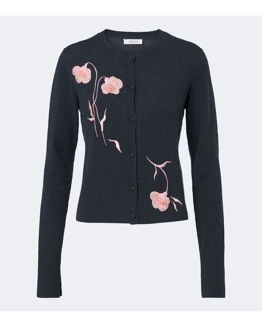 Erdem Blue Floral-Applique Cardigan