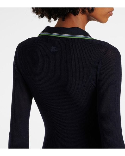 Etro Blue Printed Wool And Cotton Polo Sweater