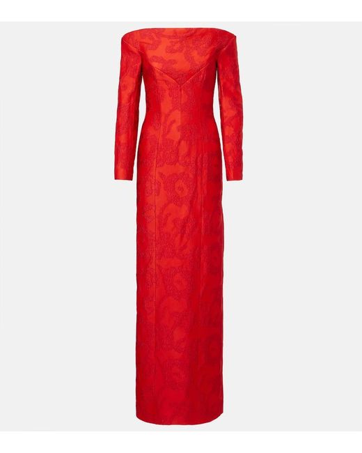 Emilia Wickstead Red Zarith Jacquard Off-Shoulder Boucle Maxi Dress