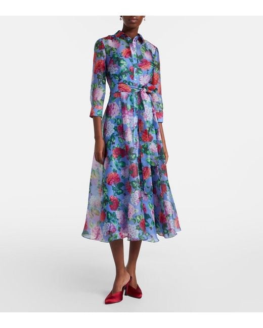 Carolina Herrera Blue Floral Silk Organza Shirt Dress