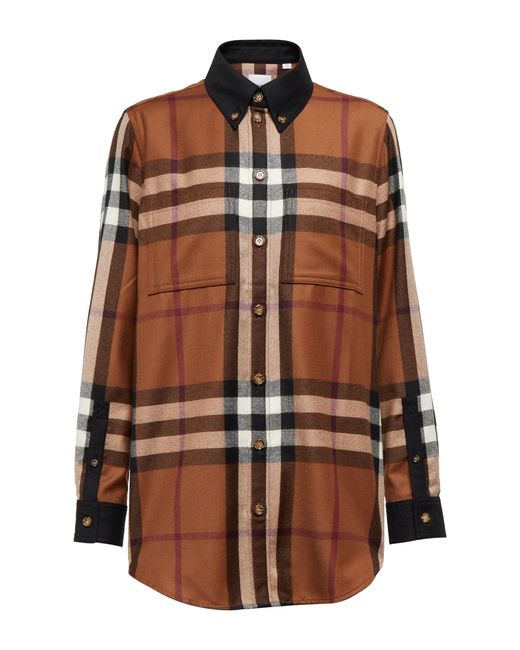 Burberry Checked Wool Flannel Shirt in Brown | Lyst