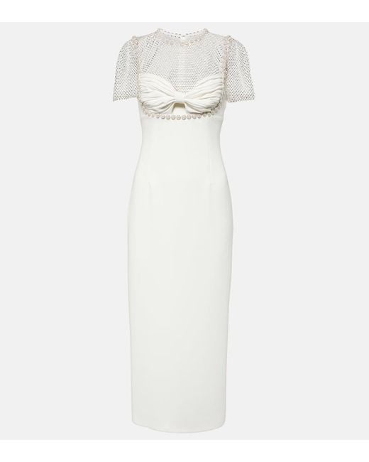 Self-Portrait White Bridal Embellished Crepe Midi Dress