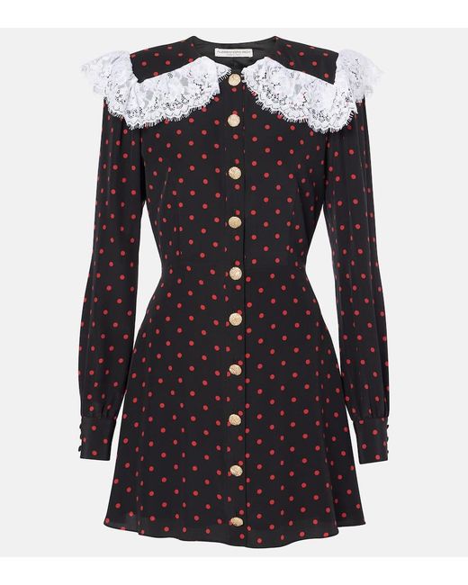 Alessandra Rich Black Polka-Dot Lace-Trimmed Silk Minidress