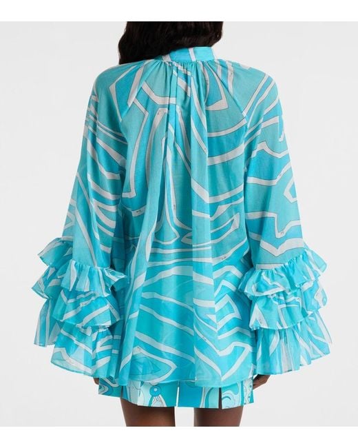 Emilio Pucci Blue Marmo Ruffled Cotton Blouse