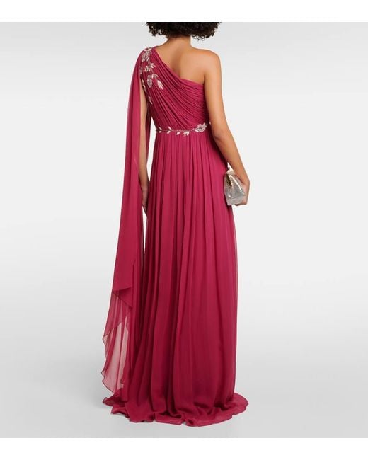 Costarellos One-Shoulder Embroidered Silk Gown