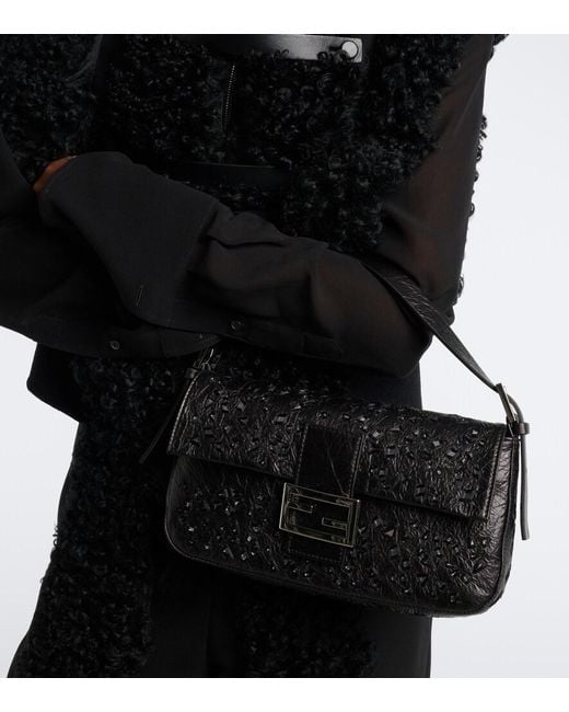 Fendi Black Baguette 26424 Small Embellished Leather Shoulder Bag