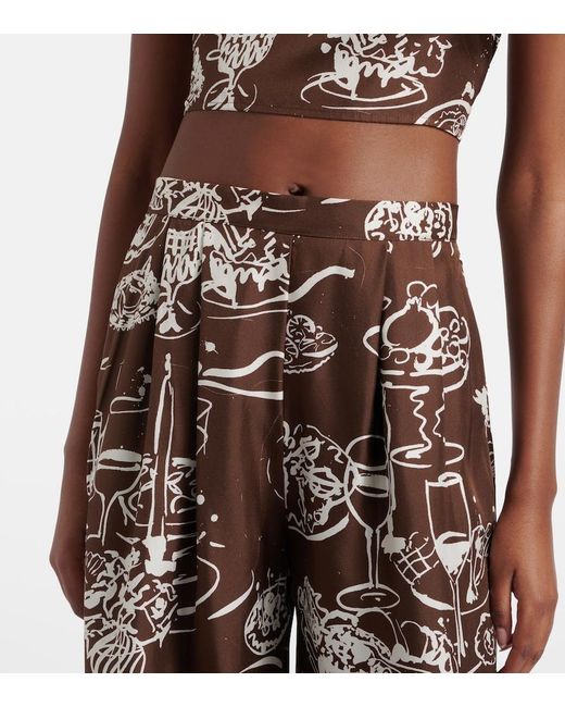 Asceno Brown Isola Printed Silk Twill Wide-Leg Pants