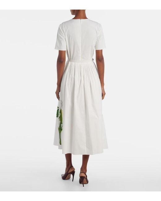 Oscar de la Renta White Belted Floral-Print Cotton-Blend Poplin Midi Dress