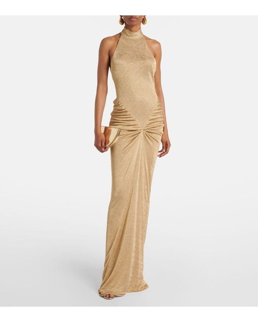 The New Arrivals Ilkyaz Ozel Natural Cass Ruched Halterneck Lame Gown