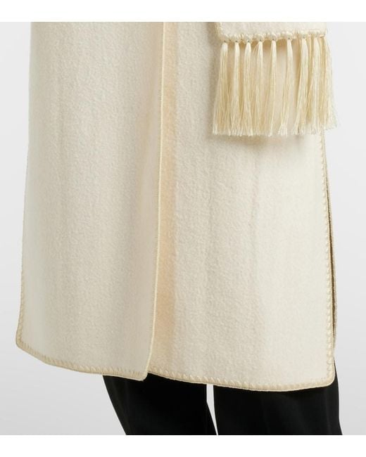 Totême White Fringed Embroidered Wool Scarf Coat