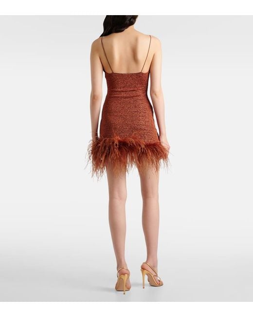 Oseree Brown Lumiere Plumage Feather-Trimmed Minidress