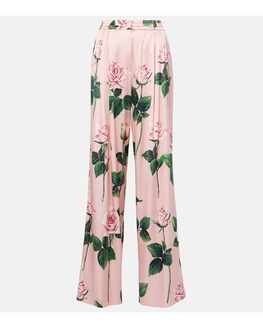 Dolce & Gabbana Pink Rose Print Stretch Silk Pajama Pants