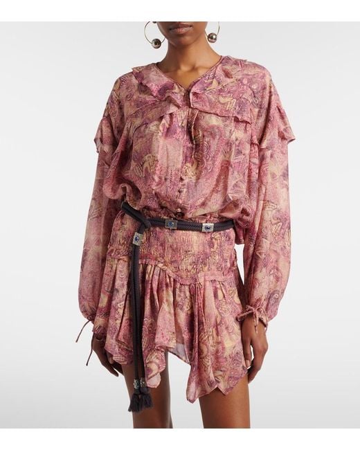 Isabel Marant Pink Charis Printed Ruffled Silk Blouse