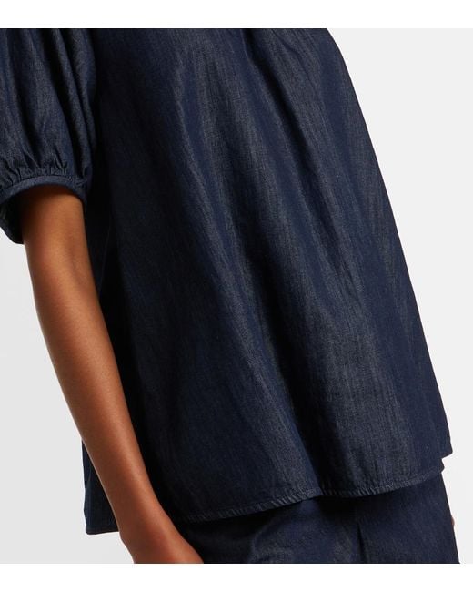 Max Mara Blue Embellished Ruffled Denim Blouse