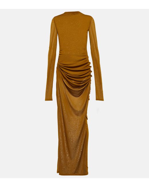 Saint Laurent Yellow Ruched Jersey Voile Maxi Dress