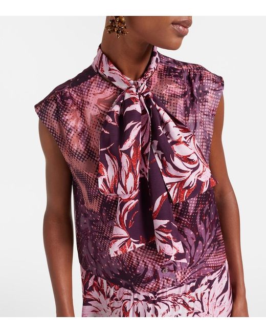 Dries Van Noten Purple Printed Tie-Neck Midi Dress